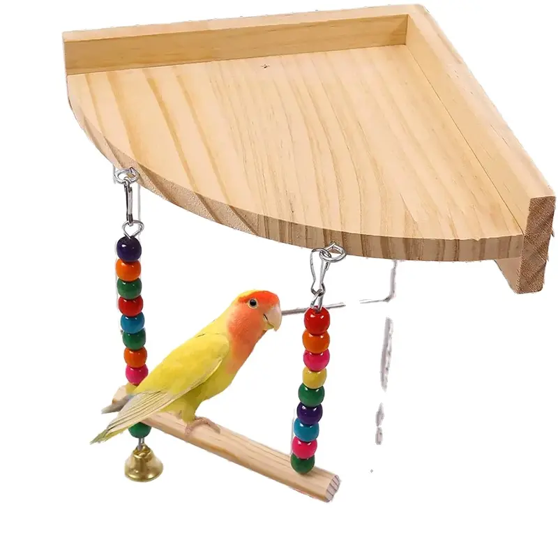 Venta al por mayor de madera colgante jaula nido pájaro columpio Pino loro pájaro juguetes soporte percha pájaro Juguetes