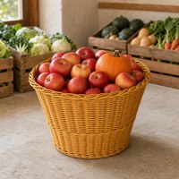Panier à légumes rond en rotin PP brun clair, de qualité alimentaire, empilable, léger, pour l'affichage en supermarché et le stockage des produits