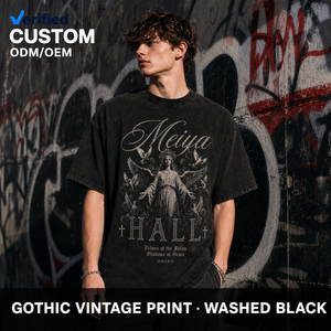 T-shirt à manches courtes en coton lourd avec impression graphique religieuse personnalisée de <span class=keywords><strong>la</strong></span> Vierge Marie en noir et blanc pour hommes, look gothique hip-hop - Product Image 1