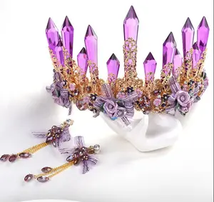 Conjunto de brincos de coroa de cristal, elegante, de alta qualidade, colar, brincos, estilo barroco, cristal, tiaras roxo, conjunto de joias para casamento lx014