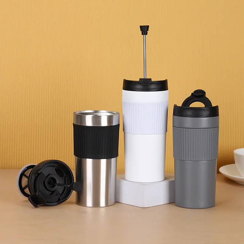 Portable Double Walled 304 Stainless Steel Travel Vacuum Insulated Reusable French Presses Cup Coffee Tumbler Mug