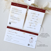 Cartes d'invitation de mariage de luxe bordeaux pour voyage à l'étranger, style passeport et carte d'embarquement de destination, avec nœud en ruban