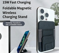 Chargeur sans fil magnétique 15W avec porte-cartes en cuir PU, support pliable et clip dorsal portable pour iPhone 12, 13, 14, 15 Pro Max