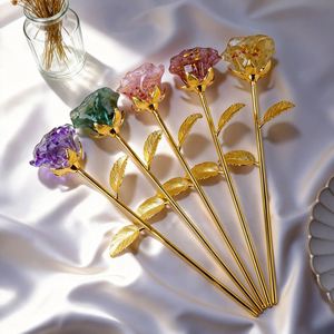 Natural Crystal Chip Dried Flower Rose <b>Ornament</b> - Handmade Resin Craft with Gold Stem, Romantic Wedding Decor & Valentine's Day - Product Image 1