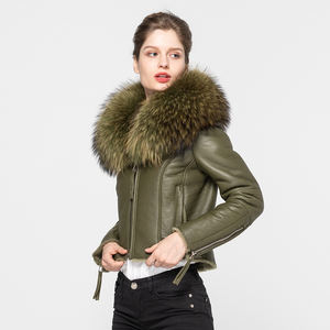 Novedades de Primavera y Otoño, <span class=keywords><strong>Abrigo</strong></span> de Piel de Oveja Genuina, Chaqueta de Piel de Oveja para Mujer con Cuello de Piel de Mapache - Product Image 3