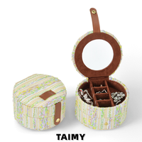 Boîte à bijoux de voyage avec miroir, petite boîte ronde à double couche en coton suédé, organiseur portable pour ranger les boucles d'oreilles, les bagues, pour femmes