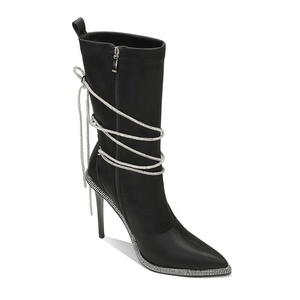 Bottines mi-mollet à talon aiguille et bout pointu pour femmes, <span class=keywords><strong>noires</strong></span>, coréennes, formelles, avec strass, à enfiler - Product Image 4