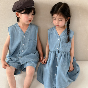 Yazlık Erkek ve Kız Bebek Giyim Setleri Basit Moda Kot Takım Bebek Kız Elbisesi ve Erkek İki Parçalı Takım - Product Image 3