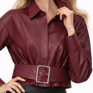 <span class=keywords><strong>Blouson</strong></span> en <span class=keywords><strong>cuir</strong></span> court <span class=keywords><strong>bordeaux</strong></span> pour <span class=keywords><strong>femme</strong></span>, ceinturé, style motard, coupe ajustée, col à revers, streetwear chic Y2K, vêtement d'extérieur court pour l'automne - Product Image 6