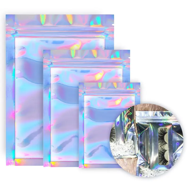 Schillernde Zip-Lock-Beutel Kosmetischer Kunststoff Laser Irisierende Taschen Lebensmittel Holo graphische Make-up-Taschen Hologramm-Reiß verschluss taschen