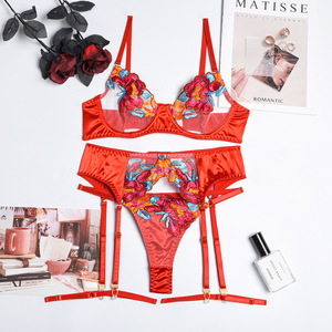 Nuevo Conjunto de Lencería Floral Bordado Colorido, Conjunto de Ropa Interior con Liguero de Malla Transparente, Exótico y Sensual - Product Image 6