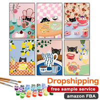 Lot de 6 kits de peinture par numéros pour adultes, motif chat noir mignon, thème thé de l'après-midi et desserts, peinture sur toile DIY avec Dropshipping et FBA