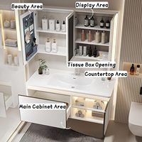 Meuble-lavabo mural blanc crème multi-rangements avec vasque en céramique intégrée et armoire miroir LED intelligente anti-buée