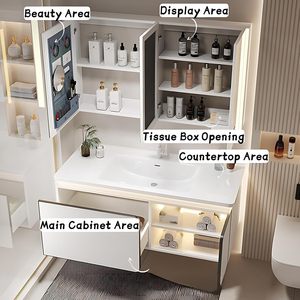 Mueble <span class=keywords><strong>de</strong></span> Baño Blanco Estilo Crema, Montado en la Pared, <span class=keywords><strong>con</strong></span> Múltiples Espacios <span class=keywords><strong>de</strong></span> Almacenamiento, Lavabo <span class=keywords><strong>de</strong></span> Cerámica Integrado, Espejo LED Inteligente Antivaho - Product Image 2