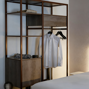 Armoire autoportante en placage de noyer avec cadre métallique noir, système d'organisation de rangement stable et robuste, idéale pour appartement locatif et Airbnb - Product Image 6