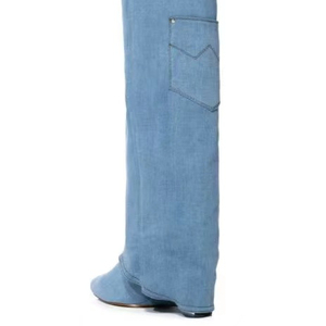 XINZI RAIN 2023 nouvelles bottes hautes au genou Logo personnalisé bout pointu talon compensé femmes bottes hautes en jean - Product Image 4