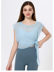 Haut de yoga 2-en-1 en maille pour femme avec soutien-gorge intégré, manches courtes à nouer sur le côté, t-shirt de sport respirant pour la gym, la danse, le Pilates, l'entraînement OEM ODM - Product Image 3