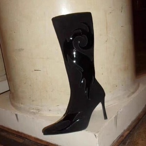 European Styles Suede Upper Women Pointy Toe Knee High Boots Leather Embossed Patchwork Stiletto High Thin Heels <b>Shoes</b> - Product Image 5