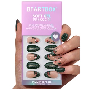 BTARTBOX Faux Ongles 3D Cerise Noël Français à Presser, Gel Souple de Haute Qualité, Vente en Gros, Effet Œil de Chat Vert Scintillant, Faux Ongles de Luxe - Product Image 1