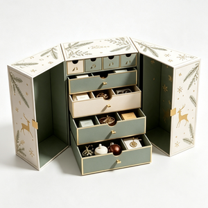 Luxury Double Door Christmas Gift Box with Pull Out Drawers Botanical Print Rigid Paperboard Packaging for Jewelry and Beauty - Product Image 1