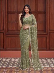 Sari en filet de créateur, broderie à la main de sequins et perles, couleurs vives, luxe, ethnique indien, pour mariage et soirée - Product Image 1