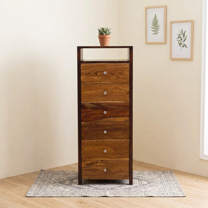 Commode de chambre à coucher T Contrast à 6 tiroirs en teck massif, style moderne du milieu du siècle, avec structure en acier et design autoportant - Product Image 5