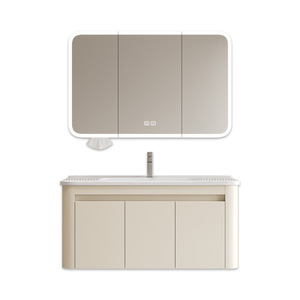 Ensemble de meuble-lavabo rectangulaire en MDF style crème tendance avec finition laquée, vasque en céramique murale et miroir intelligent - Product Image 5