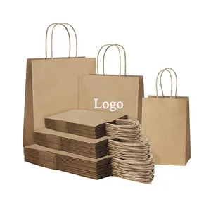Belanja kertas hitam coklat putih daur ulang tas hadiah tas kertas Kraft pegangan kustom dengan Logo Anda