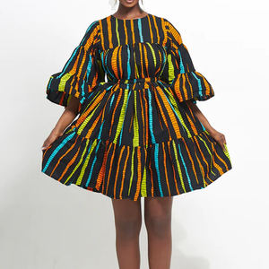 Mini vestido escalonado con estampado africano tela de cera Vestido de manga larga de moda 100% algodón mujeres africanas cinturón vestido a juego - Product Image 5