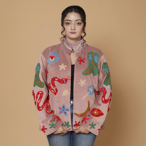 Luxury Pink Suede <b>Velvet</b> Embroidered Suzani <b>Jacket</b> With Folk Art Full Sleeve Stand Collar Handmade Bohemian <b>Women</b> Winter Coat - Product Image 1