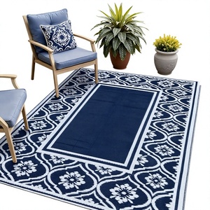 Alfombra Rectangular para Exteriores, Diseño Floral Azul Marino, Tejido Plano, Impermeable, Polipropileno, Estilo Costero - Product Image 1