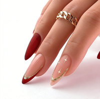 Faux ongles faits main, style français, forme amande, pré-dessinés, prêts à poser, avec strass