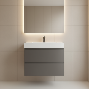 Modern Bathroom Vanity 30 Inch Gray <b>Wall</b> Mounted Floating Design One Piece White Basin Matte Black Faucet - Product Image 2