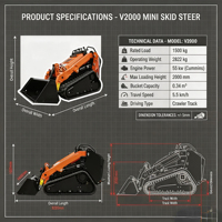 Mini-chargeuse compacte sur chenilles V2000, prix usine, moteur diesel turbo Cummins 75 CV, 2822 kg, hauteur de déchargement 2000 mm