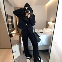 Vente en gros de pulls à capuche et fermeture éclair à manches longues de couleur unie pour l'automne et l'hiver ensembles deux pièces cardigan et pantalons longs en tricot pour femmes
