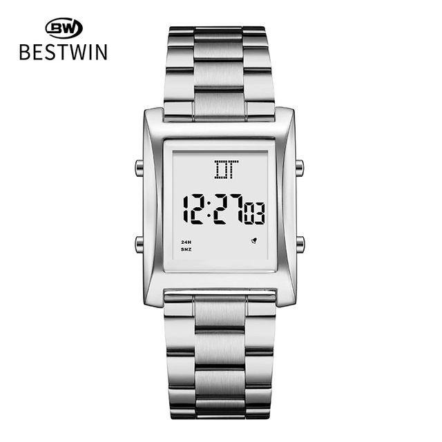 BESTWIN 203 Square Men's Digital Watch Waterproof Stainless Steel Strap LED Men's Clock Simple Design Original Montre Pour Homme