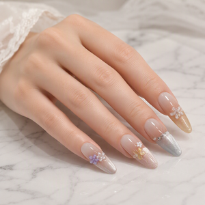 Uñas postizas 3D con diseño de flor y perla, acrílicas, de cobertura completa, con brillo degradado, forma almendrada cuadrada para dedos - Product Image 5