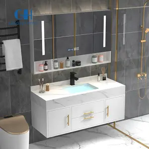 OEM Vanity With Sink 36 Inch Tempered Glass Pvc Bathroom Vanities Cabinet In Apartment