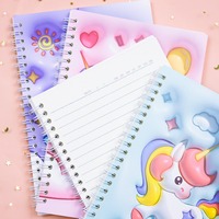 Carnet à spirale 3D en tissu Licorne Arc-en-ciel Rêveur, motifs Ciel Bleu Nuages Blancs Cœurs, à feuilles mobiles extensibles, cadeau transfrontalier