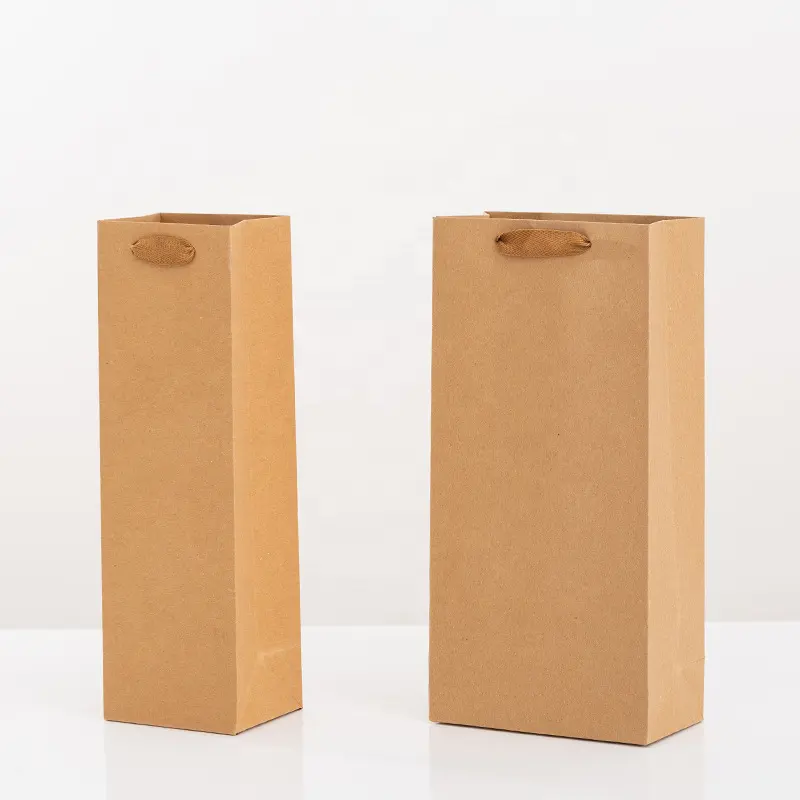 Venta al por mayor de bolsas de papel kraft para vino con asas baratas y logotipo personalizado, bolsa de papel reciclable para botellas de vino para embalaje de regalo