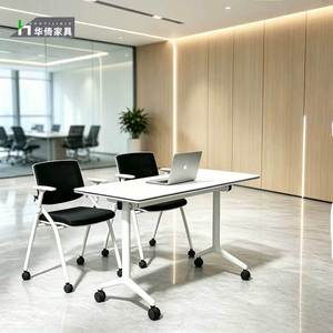 Mesa de conferencias plegable Huayi 1915 blanca, escritorio de oficina con ruedas para reuniones y estudio - Product Image 4