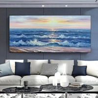 Peinture sur toile abstraite texturée 3D faite à la main, paysage marin au soleil, encadrée, décoration murale pour salon, art côtier
