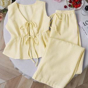 Atasan Tank Top Wanita Bergaris Kasual dengan Ikat Depan Serbaguna & Celana Panjang Longgar Kasual Set 2-Potong Fashion - Product Image 1