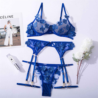 Six pièces soutien-gorge bleu Sexy pour femmes, avec porte-jarretelles, culotte en dentelle, string, broderie, fleur transparente, ensemble de Lingerie, nouveau Design
