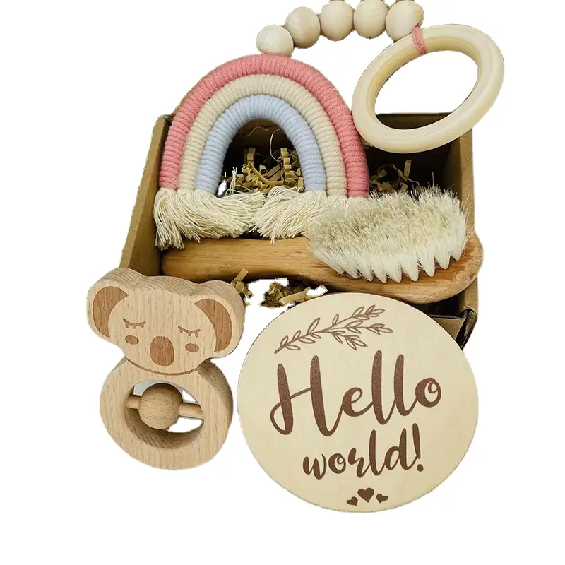Newborn Shower Wool Brush Bath Gift Box Wooden Koala Rattle Rainbow Macrame Baby Teething Toys for Babies 0-6months