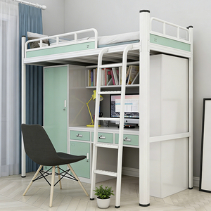 Компактная металлическая двухъярусная кровать с письменным столом и шкафом, идеально подходит для спальни подростка или комнаты в общежитии - Product Image 1