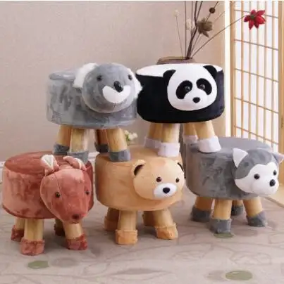 Multi-Style Handmade Animal Chair Wood Kids Stools Shoes Sofa with Plush Cartoon Cover Upscale Adult Baby Chairs Small Bench