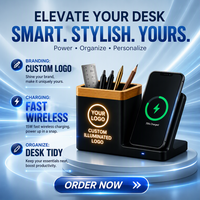 Organisateur de bureau en bambou avec chargeur sans fil, porte-stylo, support de téléphone, station de charge rapide, logo personnalisé, cadeau d'entreprise, fabriqué en Chine