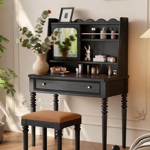 French Retro Dressing Table Black Solid Wood Flip Top Mirror Makeup Vanity Bedroom Furniture With <b>Stool</b> - Product Image 3