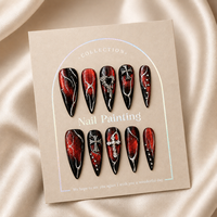 Faux Ongles de Luxe Gothiques à Pression Faits Main, Dégradé Noir et Rouge, Effet Œil de Chat, Strass 3D, Croix, Longs Stilettos, Vente en Gros OEM ODM